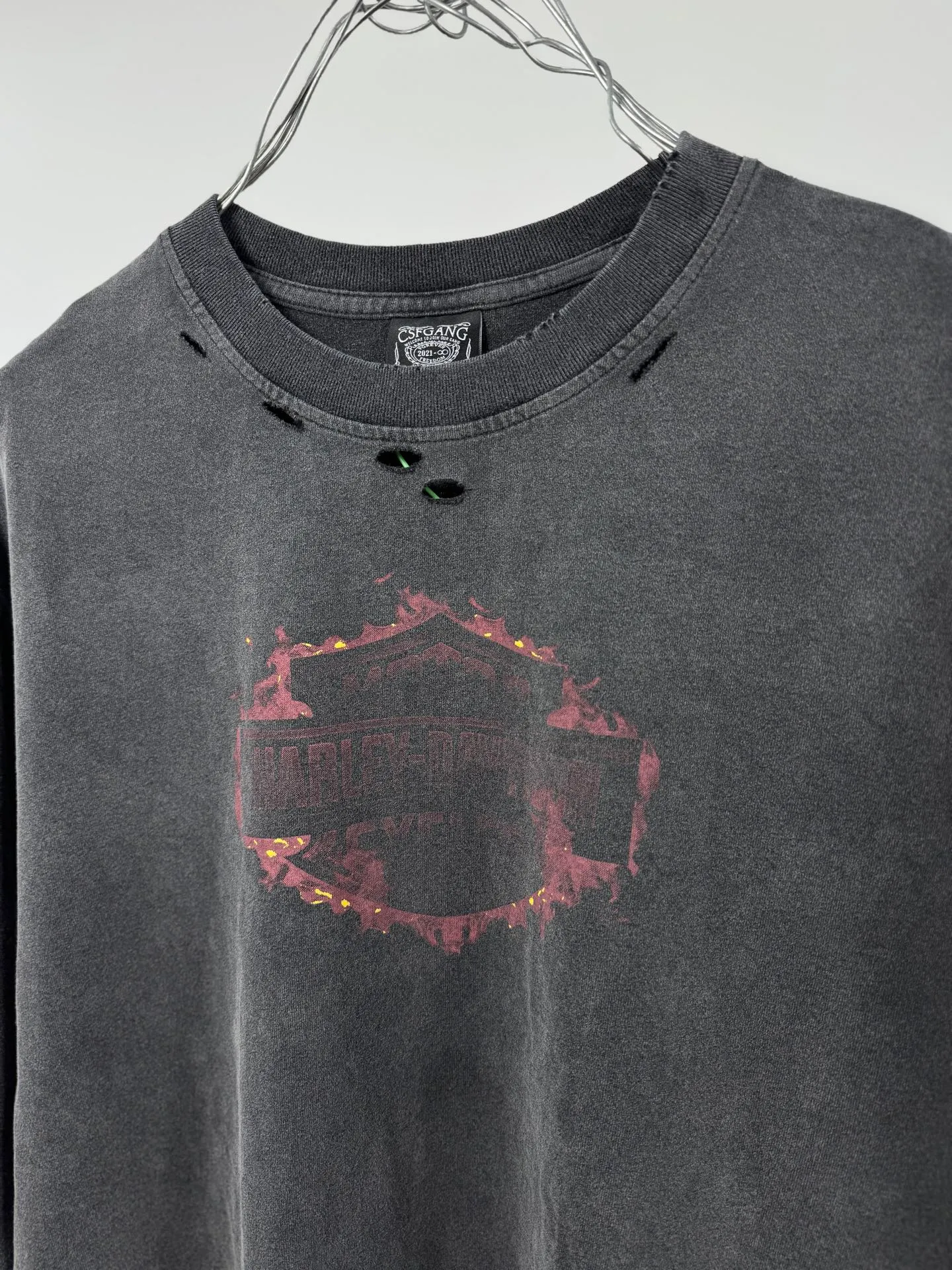 P158 # CTS-37 SAINT “Harley Harley Red Flame Limited Edition” L/S Shirt 25AW Autumn and Winter Heavy Spray Horse Assute Wash Gradient Distressing Multi-position Complex Handmade Destruction Long-sleeved T-shirt Size: S M L XL